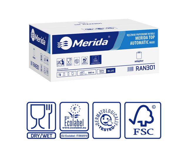 MERIDA TOP AUTOMATIC MAXI - paper towel in roll for maxi auto-cut dispenser, blue, 2-ply, diameter 19 cm, 140 m (6 rolls / carton)